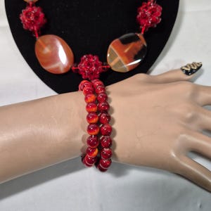 Orange Brown Agate Slice Red Cluster Glass Bead Necklace Orange Tiger Eye and Red Tiger Eye Stretch Bracelets Statement Set