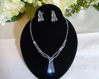 Light Blue Crystal Baguettes Tiered Choker Matching Screw on Earrings