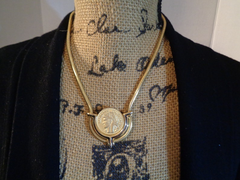 Goldplate Republique Francaise Coin Pendant Reverse Fleur De Lis Shield on Thick Snake Chain Necklace Unisex