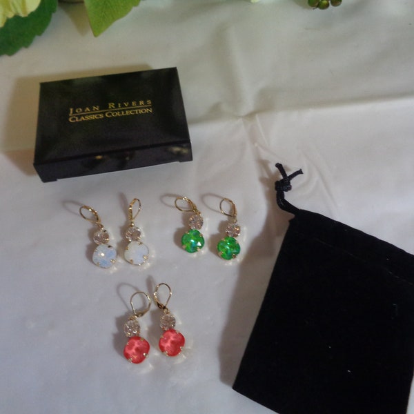 Joan Rivers Set of Three French Clip Pierced Dangle Earrings Gold Plate Faux Opal Green Stone Coral Stone in Pouch and Box  NOS