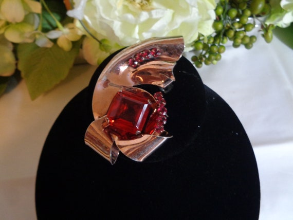 Glamour Signed Large Ruby Red Crystal Rose Gold o… - image 3