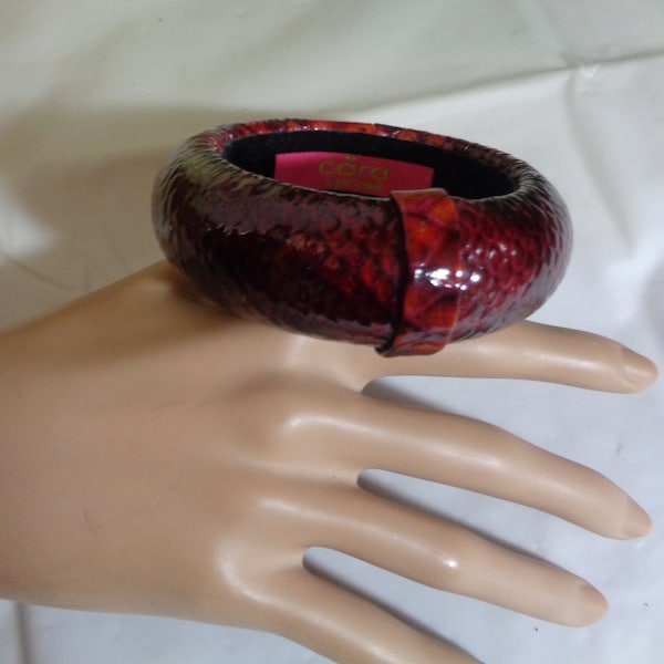 Large Cara NY Red Burgundy Snakeskin Leather Bangle Bracelet