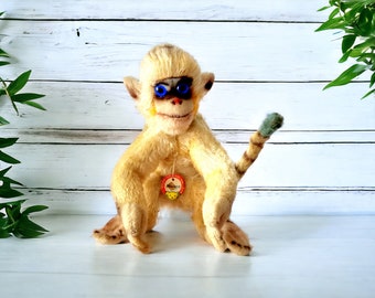 Vintage 1950s Steiff Mungo monkey mohair straw filled soft toy with button in ear and squeeze, plush toys, collectible toys