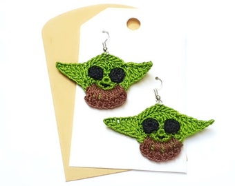 Baby Yoda earrings,  The Child earrings,  Baby Yoda handmade crocheted earrings, The Mandalorian jewelry, Green Alien Baby, gifts for her