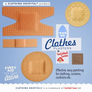 May include: Assortment of iron-on fabric patches in various shapes and sizes. The patches are beige and brown with a dotted texture. The text "Clothes Plasters by twisted twee" is visible in the image.