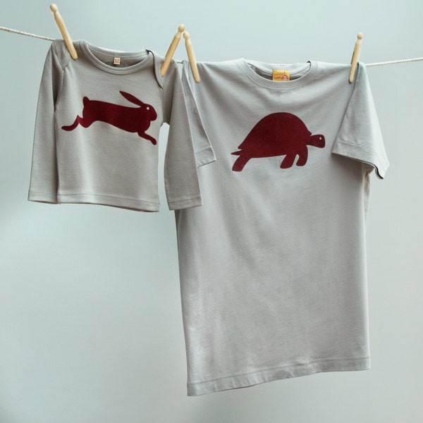 Christmas Twinning Tshirts Hare and Tortoise Tops for Dad and Son or Daughter - Grey organic cotton