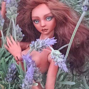 Pode incluir: Uma boneca articulada de porcelana com pele castanho-avermelhada e longos cabelos ruivos ondulados, com olhos claros. A boneca est&aacute; posicionada entre ramos de lavanda roxa. O texto no topo diz Amado Gravagno Porcelain Ball jointed dolls.