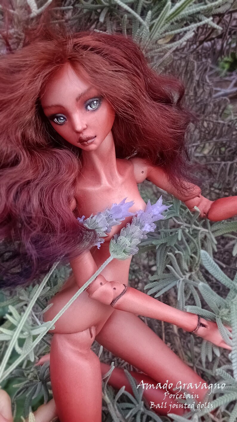 Pode incluir: Uma boneca articulada com pele castanho-avermelhada e longos cabelos castanhos ondulados, com olhos claros e membros articulados. A boneca segura um ramo de lavanda roxa. O texto na parte inferior diz Amado Gravagno Porcelain Ball jointed dolls.
