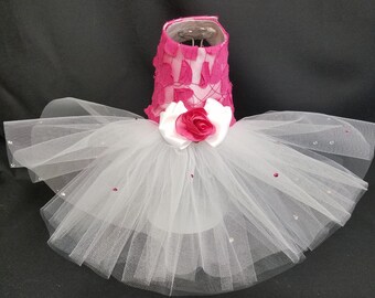 Dog Dress. Raspberry and White Dog Dress, Wedding Dog Dress, Tutu Dog Dress. Dog Harness Dress, Designer Dog Dress.