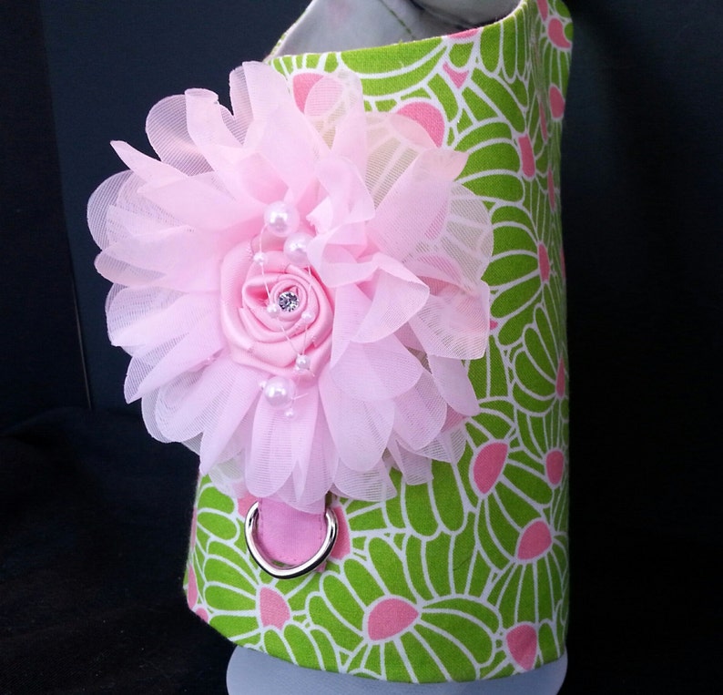 May include: A green and pink floral dog harness with a pink flower embellishment and a silver D-ring.