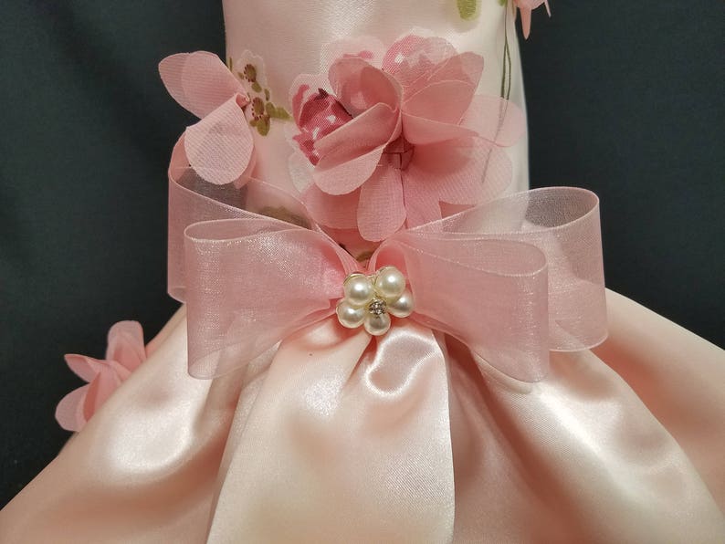 Dog Dress, Peachy Pink 3 D Flowers, Dog Tutu, Dog Harness Dress, Harness Dress, Pet Clothes, Pet Apparel. image 3