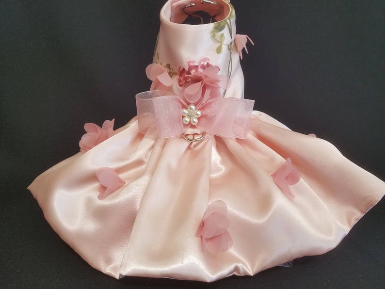 Dog Dress, Peachy Pink 3 D Flowers, Dog Tutu, Dog Harness Dress, Harness Dress, Pet Clothes, Pet Apparel. image 1