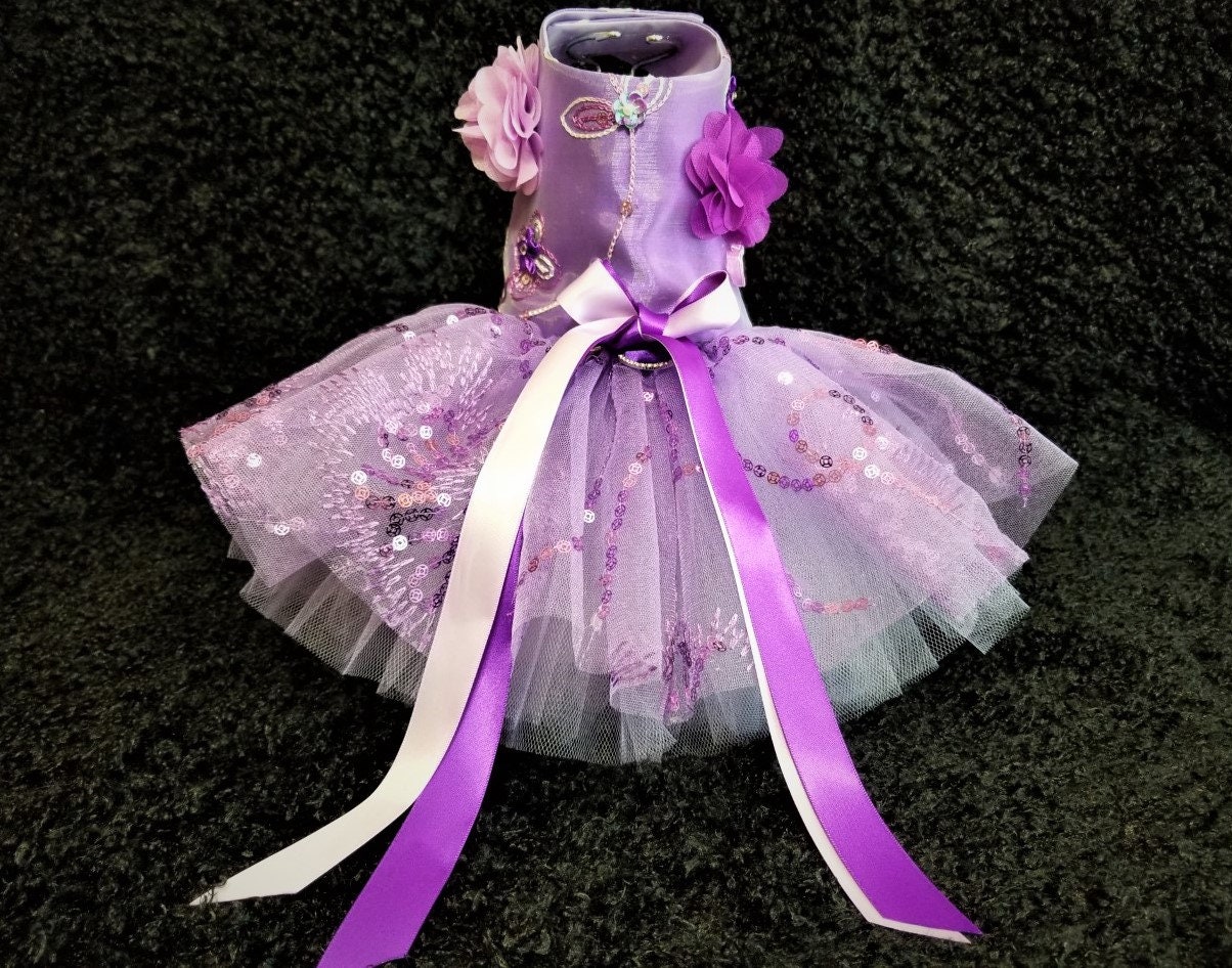 Dog Dress, Embroidery Dog Dress, Dog Tutu Harness, Dog Wedding Dress, Purple Dog Dress