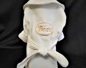 Personalized White Velour Dog Bathrobe, Canine Bathrobe, Dog Bathrobe, Turkish Terrycloth Dog Bathrobe.