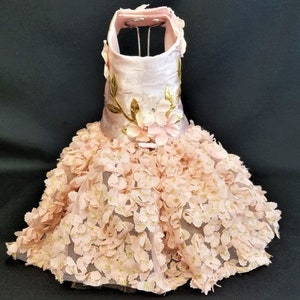 Swarovski Dog Dress, Pink Flowers on Golden Vines, Dog Harness Dress, Dog Tutu, Designer Dog Dress