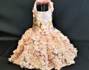 Swarovski Dog Dress, Pink Flowers on Golden Vines, Dog Harness Dress, Dog Tutu, Designer Dog Dress