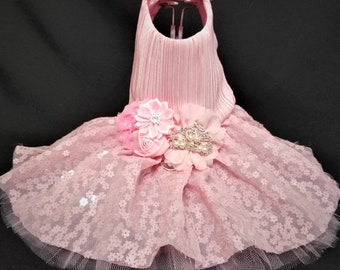 Dog Dress, Pink Daisy Sequins,  Dog Tutu, Dog Harness, Harness Dress, Pet Clothes, Pet Apparel.