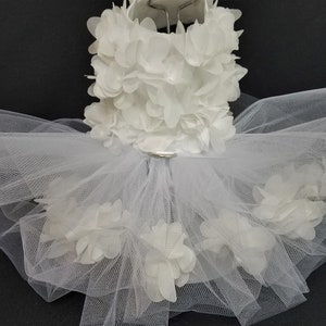 White Chiffon Flowers Dog Dress, Dog Wedding Dress, White Dog Tutu, Harness Dress.