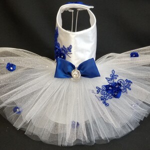 Dog Dress, Dog Tutu, White and Navy Dog Wedding Dress, Swarovski Crystal Dog Dress, Dog Harness Dress, Pet Clothes, Cat Dress, Pet Apparel.