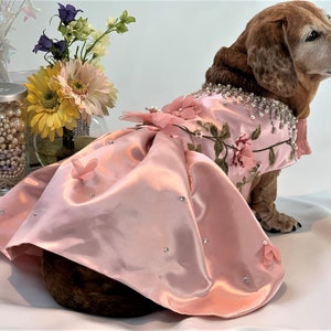 Dog Dress, Peachy Pink 3 D Flowers, Dog Tutu, Dog Harness Dress, Harness Dress, Pet Clothes, Pet Apparel. image 8