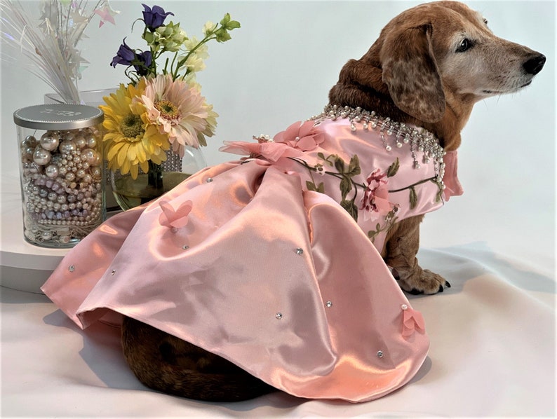 Dog Dress, Peachy Pink 3 D Flowers, Dog Tutu, Dog Harness Dress, Harness Dress, Pet Clothes, Pet Apparel. image 8