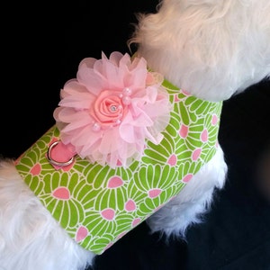 May include: A green and pink floral dog harness with a pink flower and pearl embellishment.