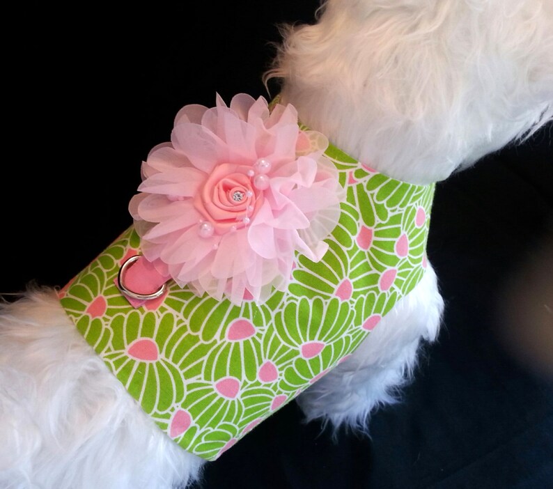 May include: A green and pink floral dog harness with a pink flower and pearl embellishment.