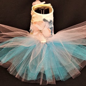 Dog Harness Dress, 3D Flower Dog Dress, Tutu Dog Dress, Pink and Blue Wedding Dog Dress, Designer Dog Dress, Wedding Dog Dress..