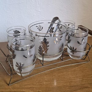 Fabulous Mid Century Libbey Silver Leaf Ice Bucket and Glass Set w Wood Accented Rack