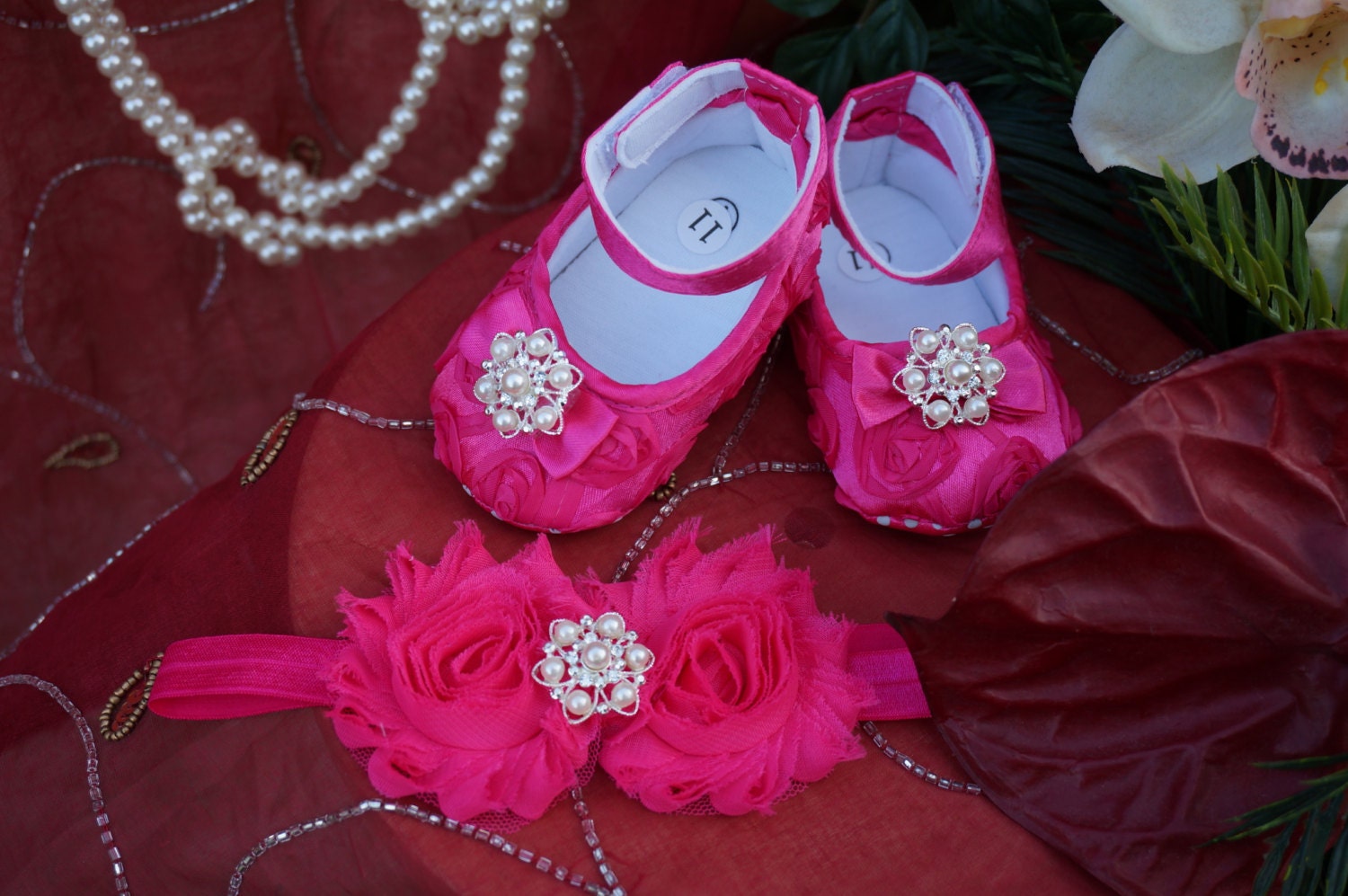 Hot pink Baby Crib Shoes Satin Rosette Baby Shoes Baptism Etsy