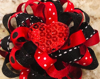 Valentine Hair Bow,Red Boutique Hair Bow - Girls Hair Bow - Toddler Hair Bow - Holiday Hair Bow - Formal Wedding Bow with Sparkly Heart