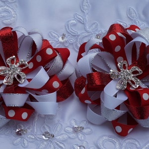 Red Christmas Hair Bow Loopy Flower Hair Bow  ,Red and White hairbow  Hair Bow