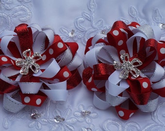 Red Christmas Hair Bow Loopy Flower Hair Bow  ,Red and White hairbow  Hair Bow