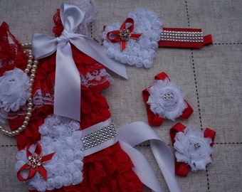 Valentines Romper - Red Romper, red and white, Holiday Outfit , Valentines Outfit, Lace Romper set- valentines romper ,baby red outfit