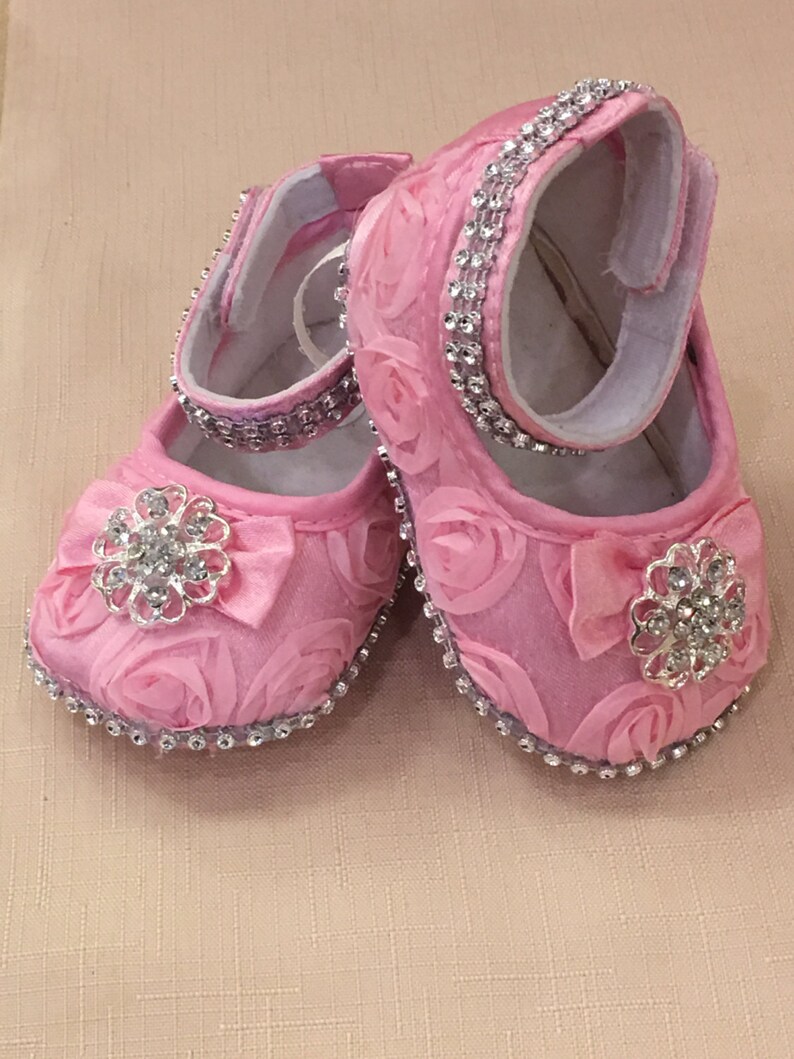 Pink baby shoes Baby Girl Pink Satin Rosette Crib Shoes Etsy