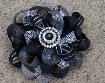 Grey Black Hairbow Double Layered Boutique Bow and Interchangeable Headband Newborn Toddler Older Girl