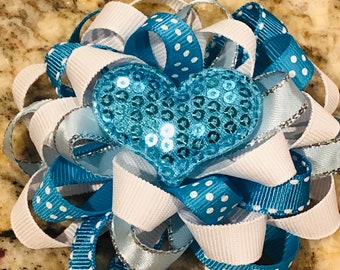 Valentine's day hairbows, blue hearts hair bow, white and blue hearts hair bow, hearts hair bow, hearts hair bows, valentines day hair bow