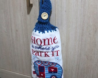 Handmade Crochet Hanging Double Towel for Camping Patriotic Occasions with Wood Button – 4th of July, Memorial Day, Veterans Day