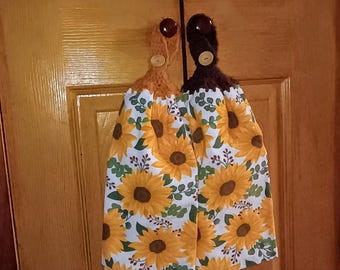 Sunflower Crochet Double Towel for Stoves, Fridges, and Knobs - Wood Button Closure