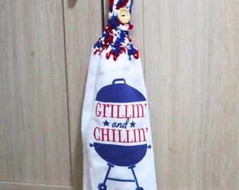 Handmade Crochet Hanging Double Towel for Patriotic Occasions with Wood Button – 4th of July, Memorial Day, Veterans Day