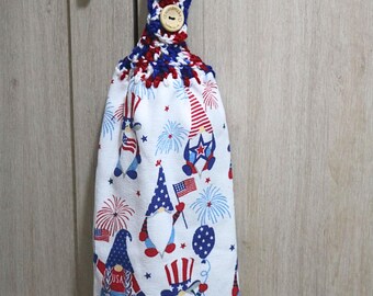 Patriotic gnome crochet hanging kitchen tea towel/Whole-Towel/4th of July Decor