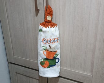 Fall Autumn vibes with coffee mugs crochet hanging double towel
