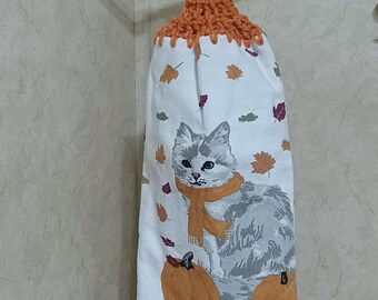 Fall Cat with pumpkins crochet hanging kitchen double towel.