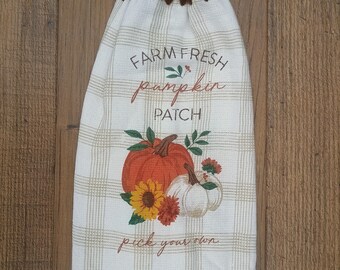 Fall Autumn Vibes Pumpkin Patch Crochet Hanging Towel with Flowers, Handmade Kitchen Towel