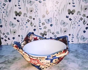 Handmade Microwavable Soup Bowl Holder - Brown Primitive Fabric with Red/Blue Stars