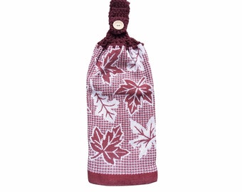 Fall dark red leaf crochet hanging kitchen double towel. Waffle weave