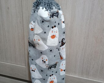 Halloween Ghost walking dog crochet button on kitchen double towel.