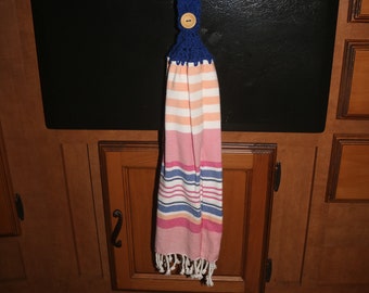 Striped double crochet hanging kitchen tea towel.