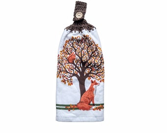 Fall leaves on tree with fox crochet hanging kitchen double towel. Thick towel.