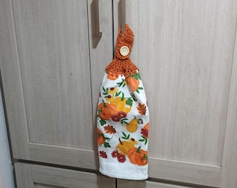 Fall Autumn Vibes Pumpkin Crochet Hanging Towel with Flowers